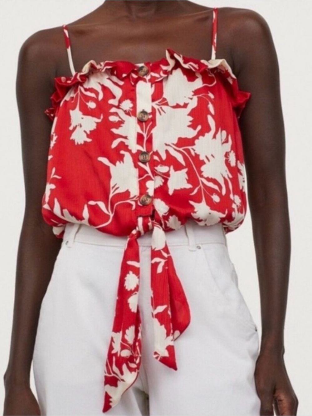 Johanna Ortiz x H&M Red Wild Roses Floral Tie Front Ruffle Cami Top size XXL